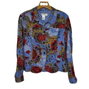 Coldwater Creek Shirt Jacket Shacket LG Blue Floral Linen Blend Cottagecore